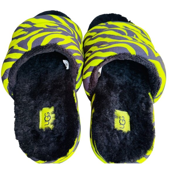 UGG Oh Yeah Slide Shoes Womens Size 8 Fuzzy Sandals Slippers Zebra Neon Green - Picture 4 of 13